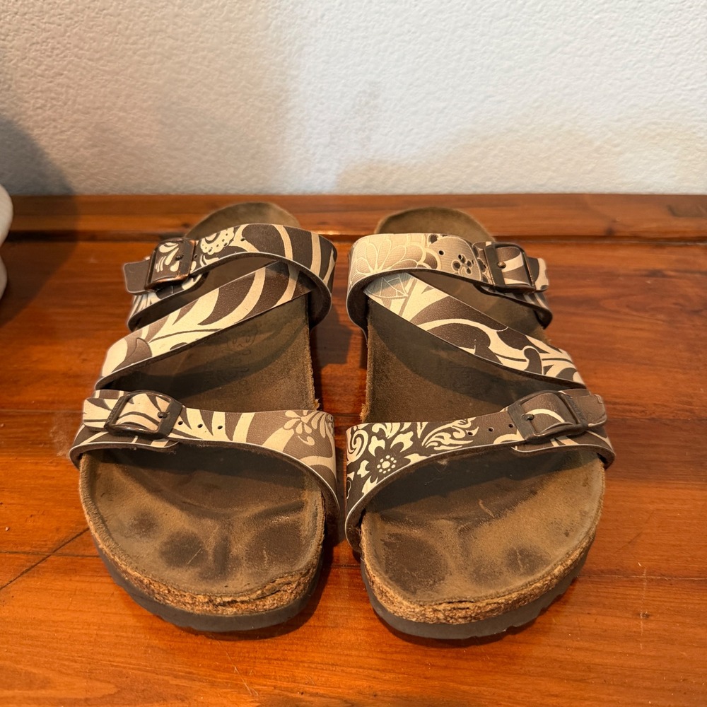 Birkenstock Florida Floral Print Brown Cream Strap Slide Sandals EU 36 US 5 Shoe